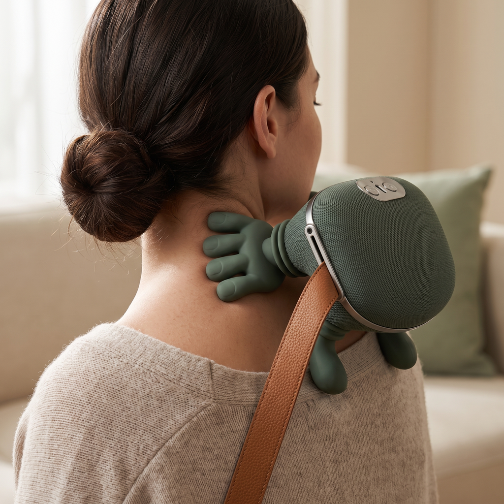 Mujer usando el masajeador biónico en el cuello y el hombro